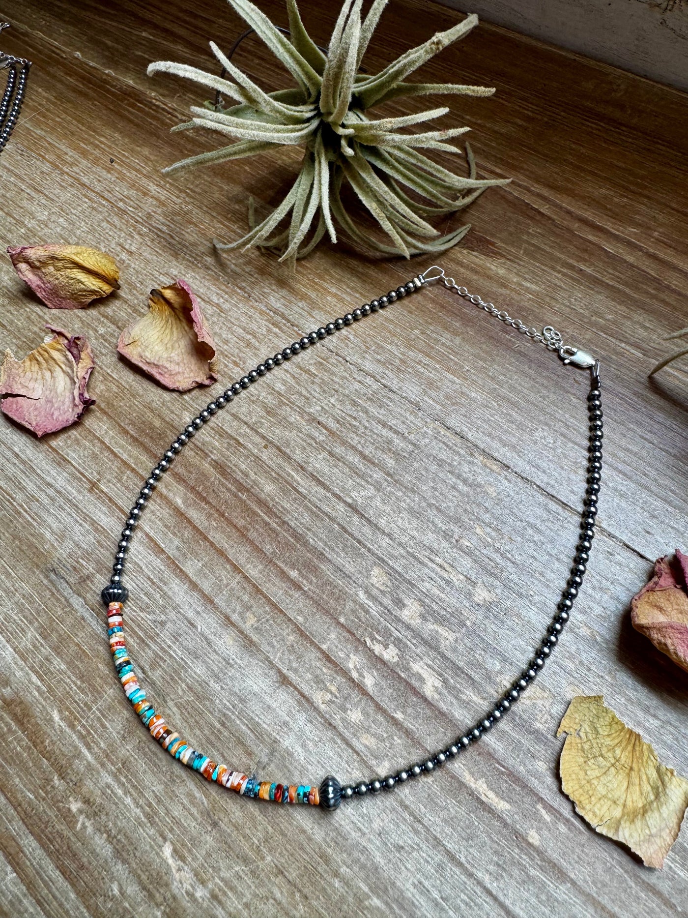 Sterling Silver Pearl Choker with Extra Spiny Oyster & Turquoise Heishi