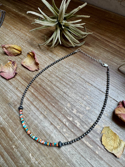 Sterling Silver Pearl Choker with Extra Spiny Oyster & Turquoise Heishi