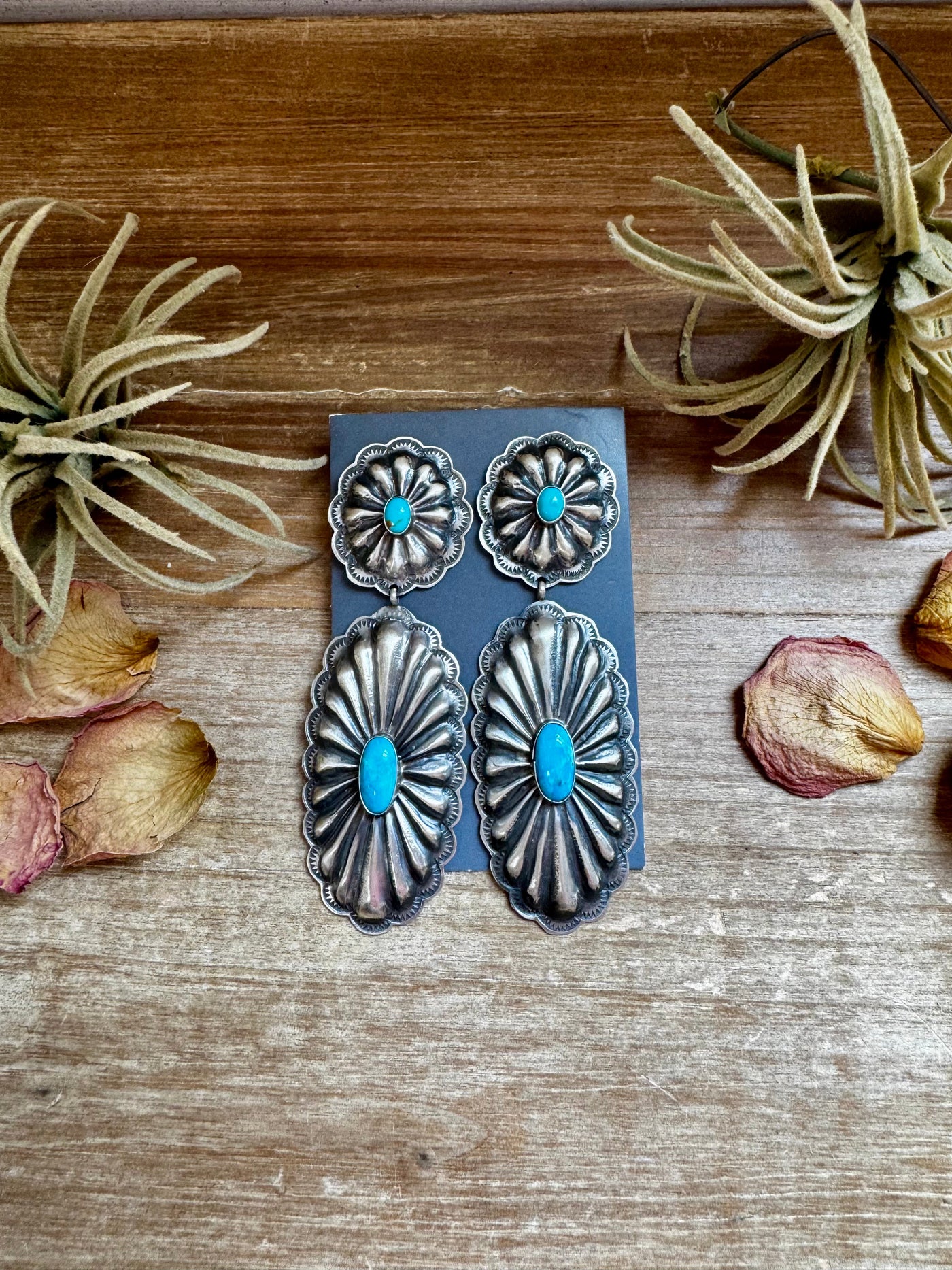 Rita Lee Sterling Silver Concho Earrings – Sleeping Beauty Turquoise – Statement with Post & Dangle
