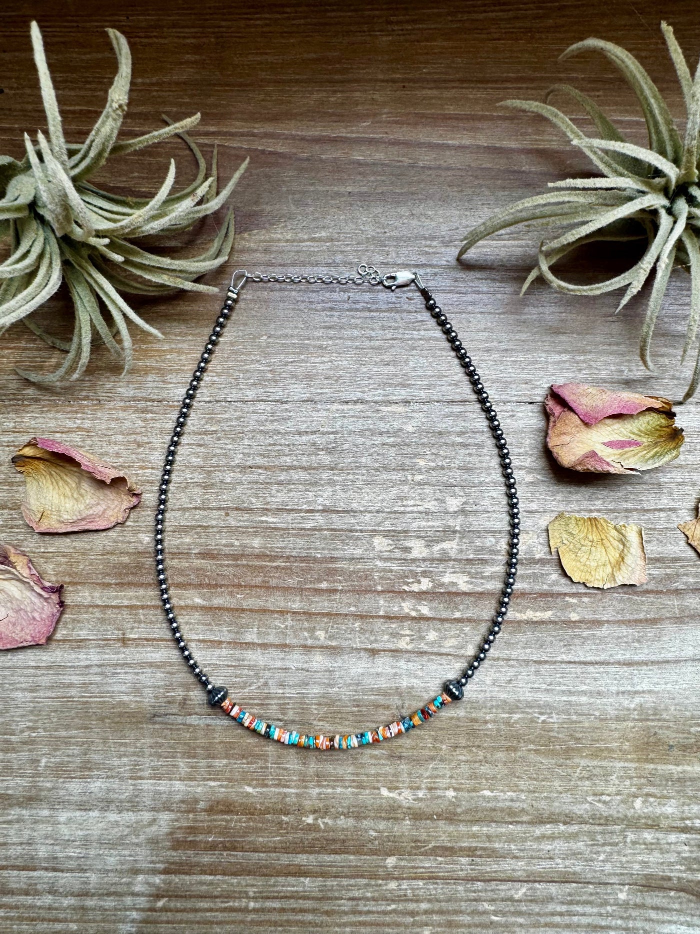 Sterling Silver Pearl Choker with Extra Spiny Oyster & Turquoise Heishi
