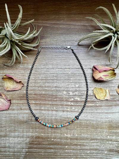 Sterling Silver Pearl Choker with Extra Spiny Oyster & Turquoise Heishi