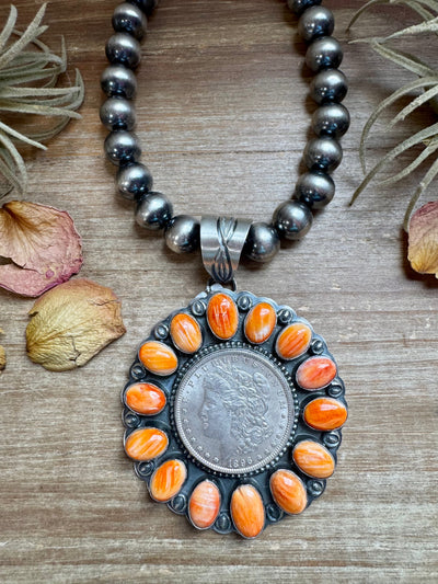 Orange Spiny Oyster & Silver Coin Pendant – Signed by Gabby