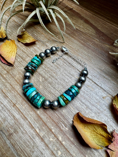 Turquoise Heishi & Sterling Silver Bracelet – 6.5 Inch + Extender – 8 mm Pearls