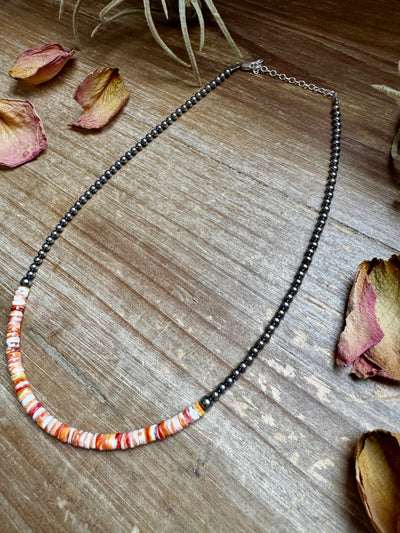 15-Inch Spiny Oyster Heishi Necklace – Sterling Silver Pearls, Handmade