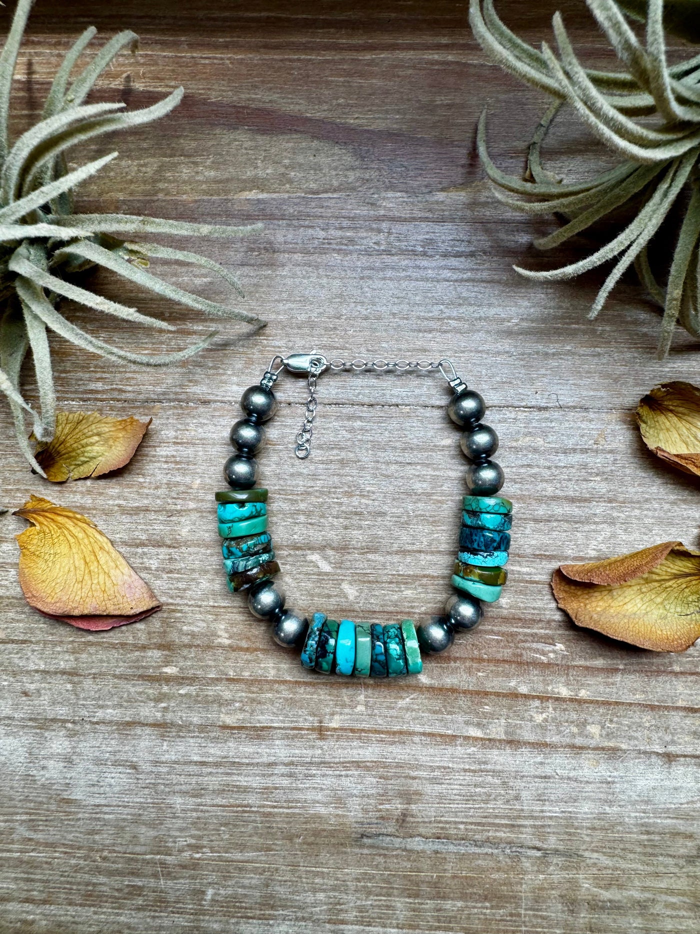 Turquoise Heishi & Sterling Silver Bracelet – 6.5 Inch + Extender – 8 mm Pearls