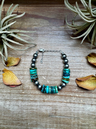 Turquoise Heishi & Sterling Silver Bracelet – 6.5 Inch + Extender – 8 mm Pearls