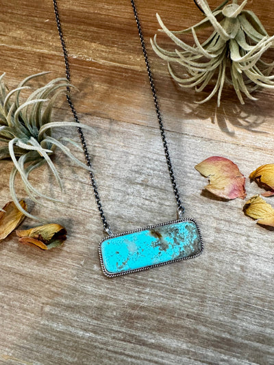 Kingman Turquoise Bar Necklace – 20.5" Sterling Silver – Stamped Larry Etcitty