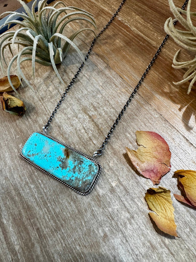 Kingman Turquoise Bar Necklace – 20.5" Sterling Silver – Stamped Larry Etcitty