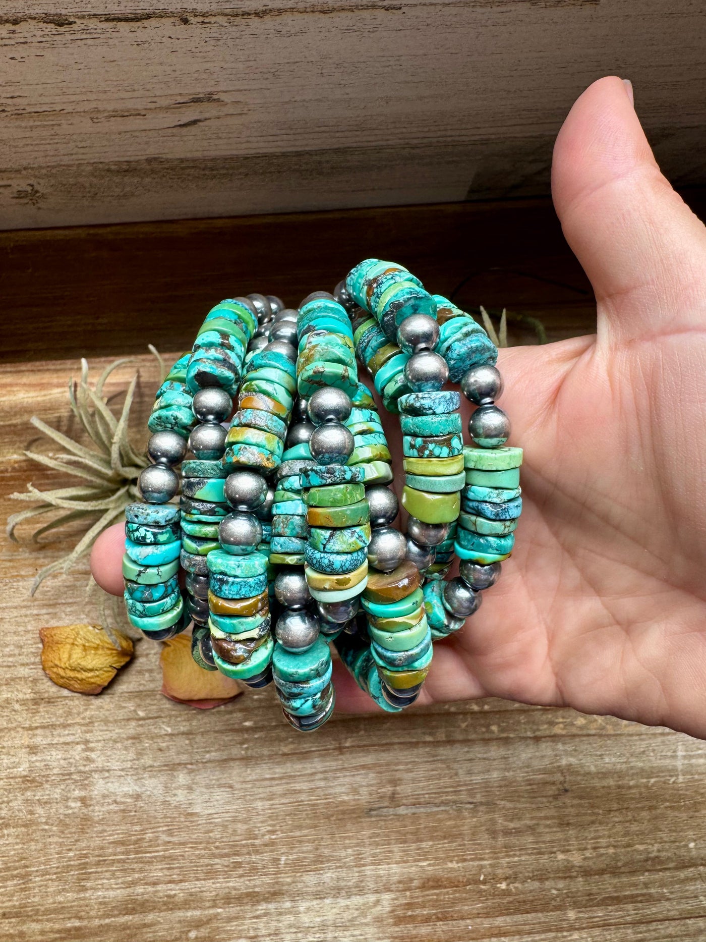 Turquoise Heishi & Sterling Silver Bracelet – 6.5 Inch + Extender – 8 mm Pearls