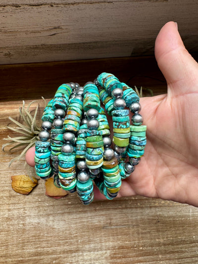 Turquoise Heishi & Sterling Silver Bracelet – 6.5 Inch + Extender – 8 mm Pearls