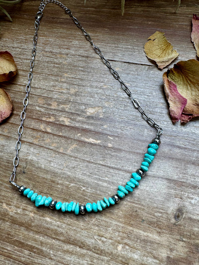 15-Inch Paperclip Chain Necklace with Blue Turquoise Nugget & Sterling Saucer Pearls