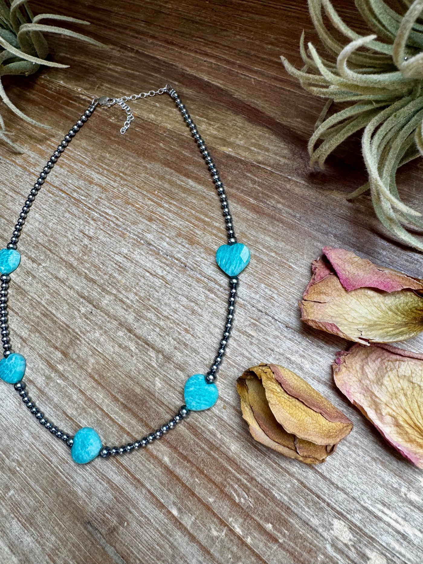 15-Inch Peruvian Amazonite Heart Necklace – 5 Hearts, Handmade with Sterling Silver Pearls