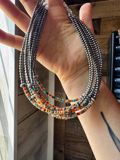 Sterling Silver Pearl Choker with Extra Spiny Oyster & Turquoise Heishi