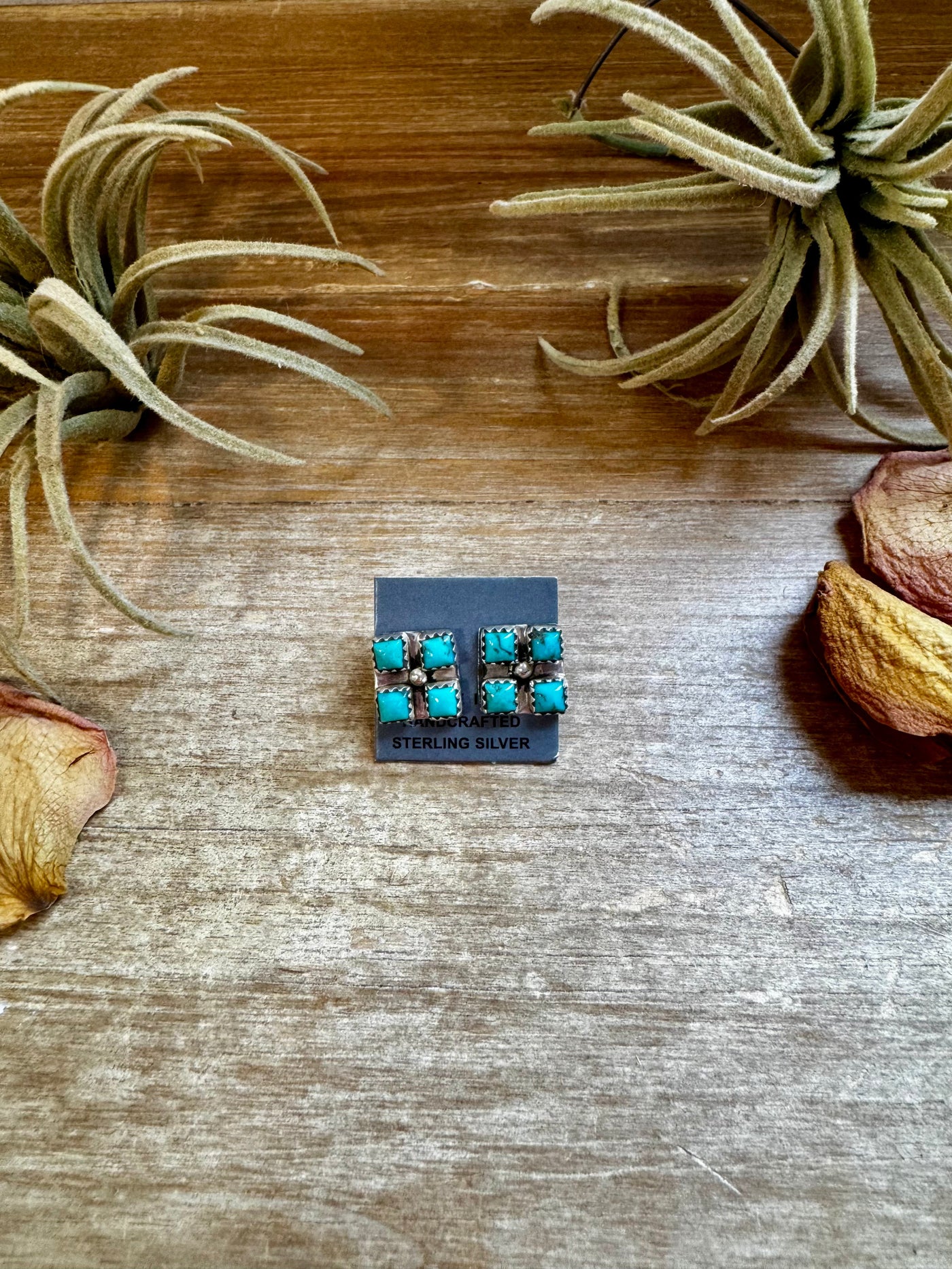 Square Kingman Turquoise Stud Earrings – Sterling Silver, Native Made, Stamped "N"