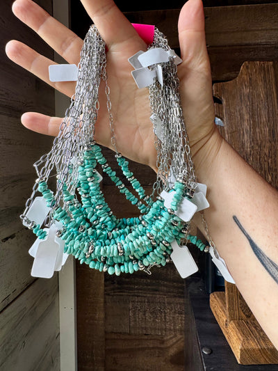 15-Inch Paperclip Chain Necklace with Blue Turquoise Nugget & Sterling Saucer Pearls