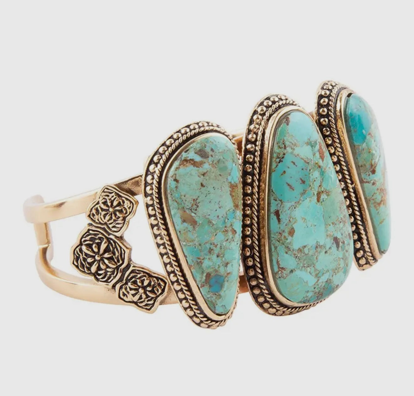 “The Golden Collection” 3 Stone Statement Cuff Handmade Natural Turquoise Gold Plated Adjustable Bracelet Cuff