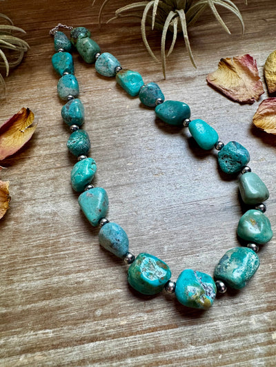 18-Inch Turquoise Nugget Necklace with 4mm Sterling Silver Pearls