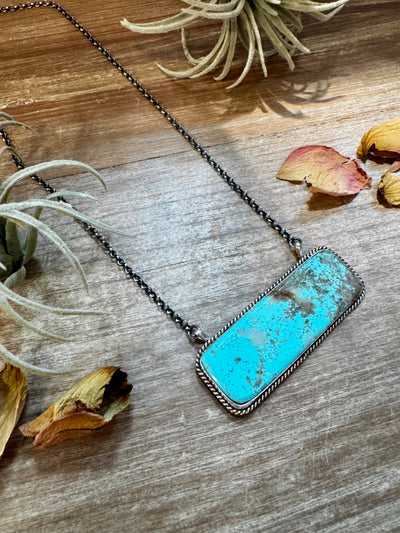 Kingman Turquoise Bar Necklace – 20.5" Sterling Silver – Stamped Larry Etcitty