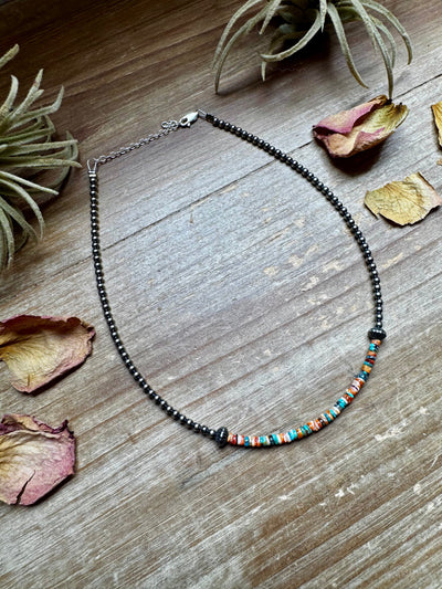 Sterling Silver Pearl Choker with Extra Spiny Oyster & Turquoise Heishi