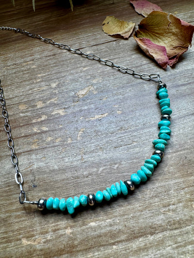 15-Inch Paperclip Chain Necklace with Blue Turquoise Nugget & Sterling Saucer Pearls