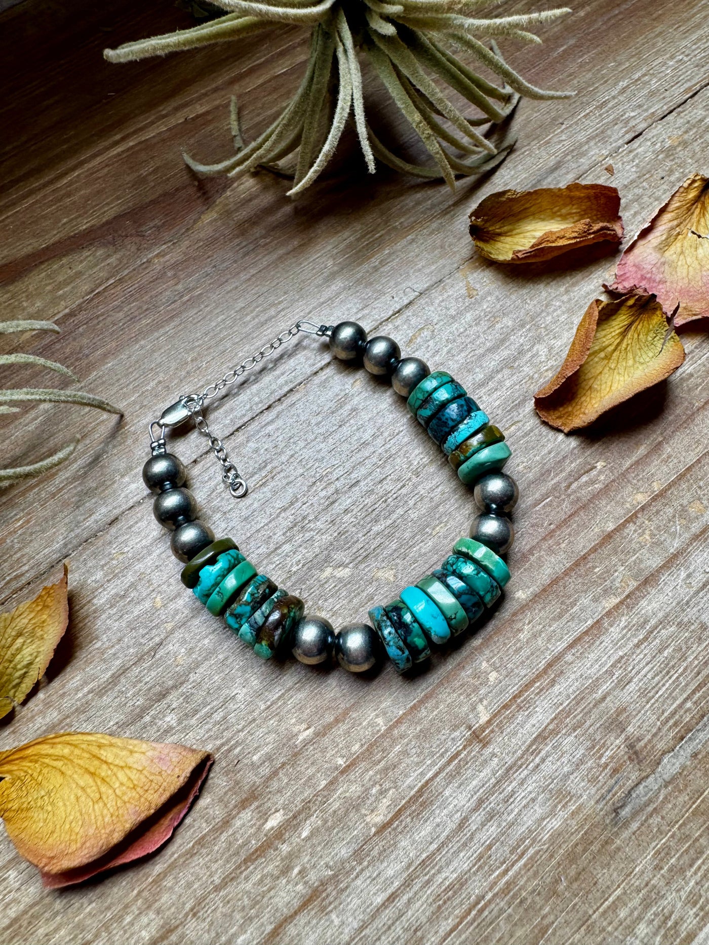 Turquoise Heishi & Sterling Silver Bracelet – 6.5 Inch + Extender – 8 mm Pearls