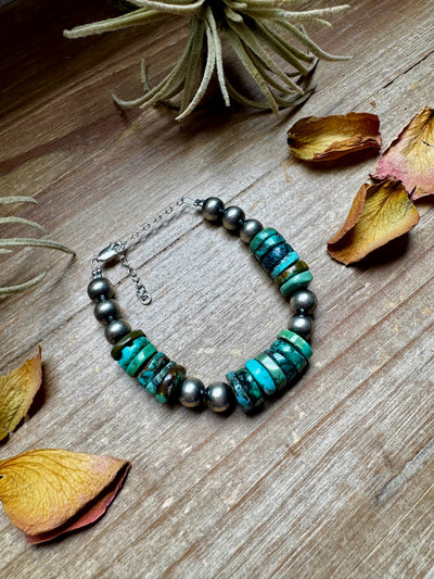 Turquoise Heishi & Sterling Silver Bracelet – 6.5 Inch + Extender – 8 mm Pearls