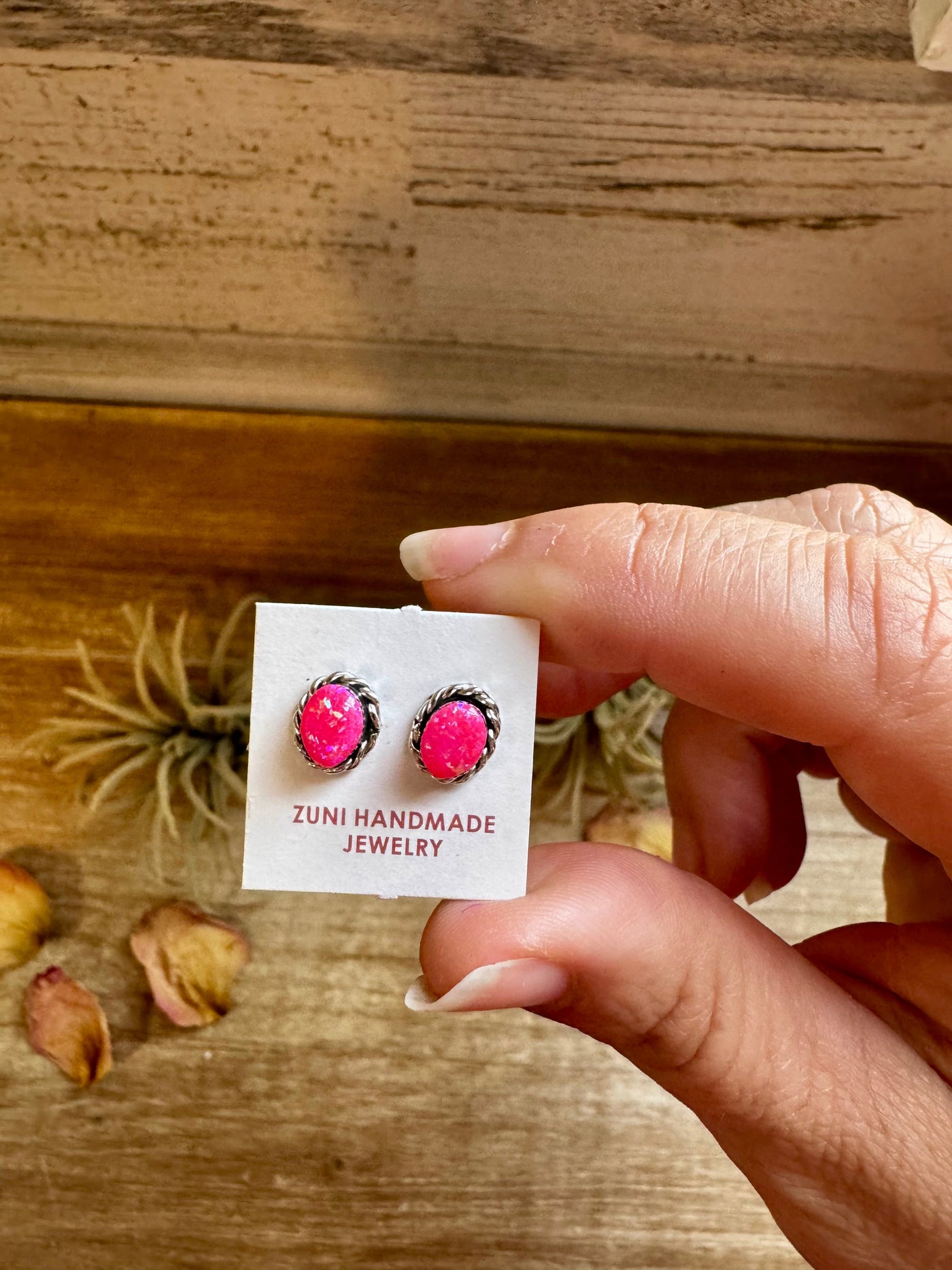 Mini Oval Pink Opal Stud Earrings – Zuni Handmade, Sterling Silver