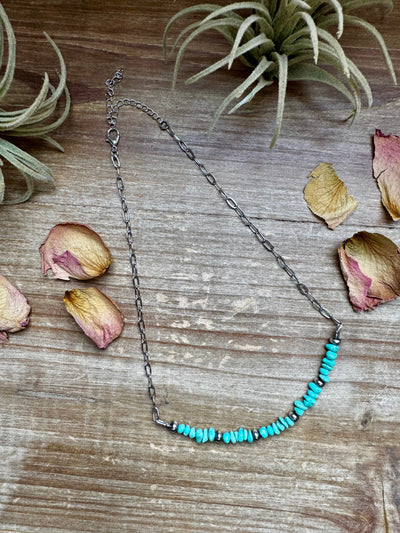 15-Inch Paperclip Chain Necklace with Blue Turquoise Nugget & Sterling Saucer Pearls