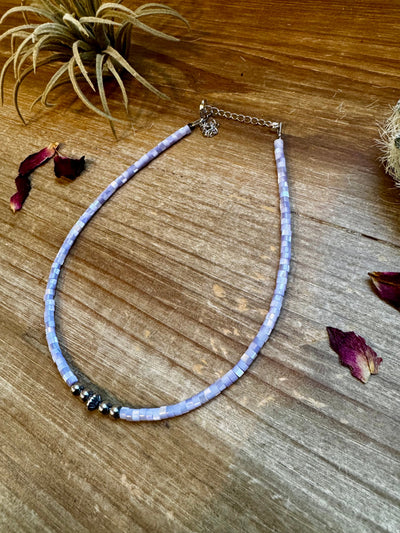 Purple shell heishi choker with Sterling Silver Pearls