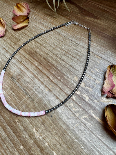 15-Inch Pink Conch Heishi Necklace – Sterling Silver Pearls, Handmade