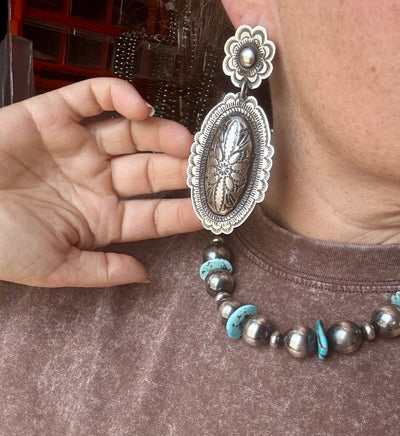Leander Tahe Sterling Silver Earrings – Post & Dangle Statement with Stamped Detail