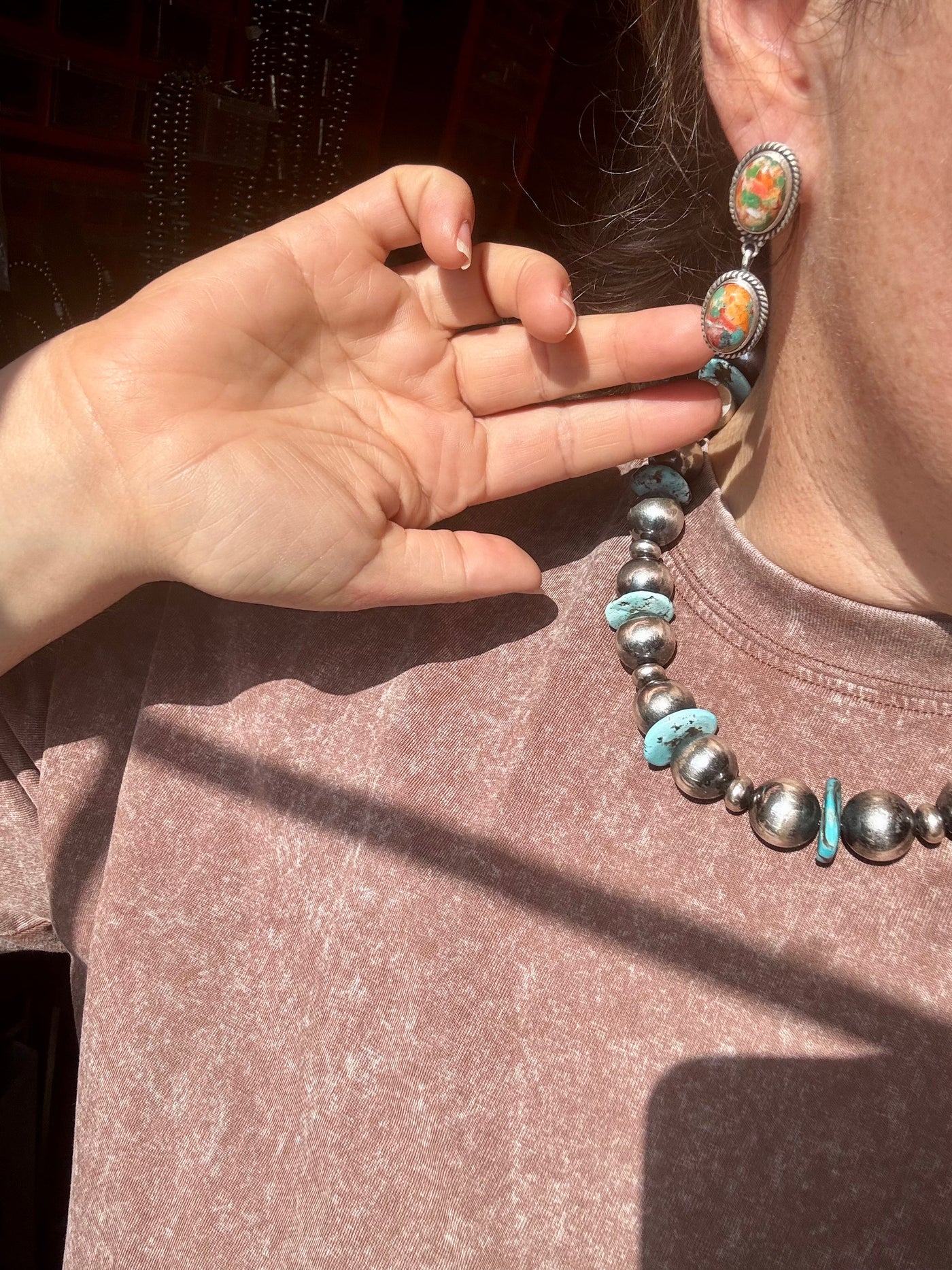 Mojave Spiny Oyster & Turquoise Dangle Earrings – Sterling Silver, USA Made, Post Top