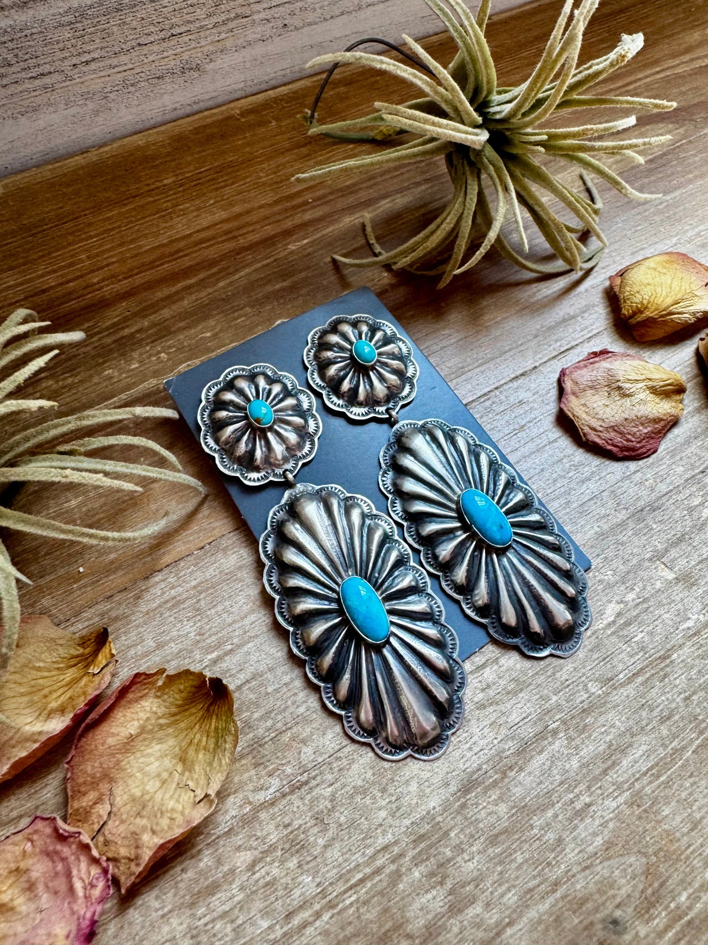 Rita Lee Sterling Silver Concho Earrings – Sleeping Beauty Turquoise – Statement with Post & Dangle