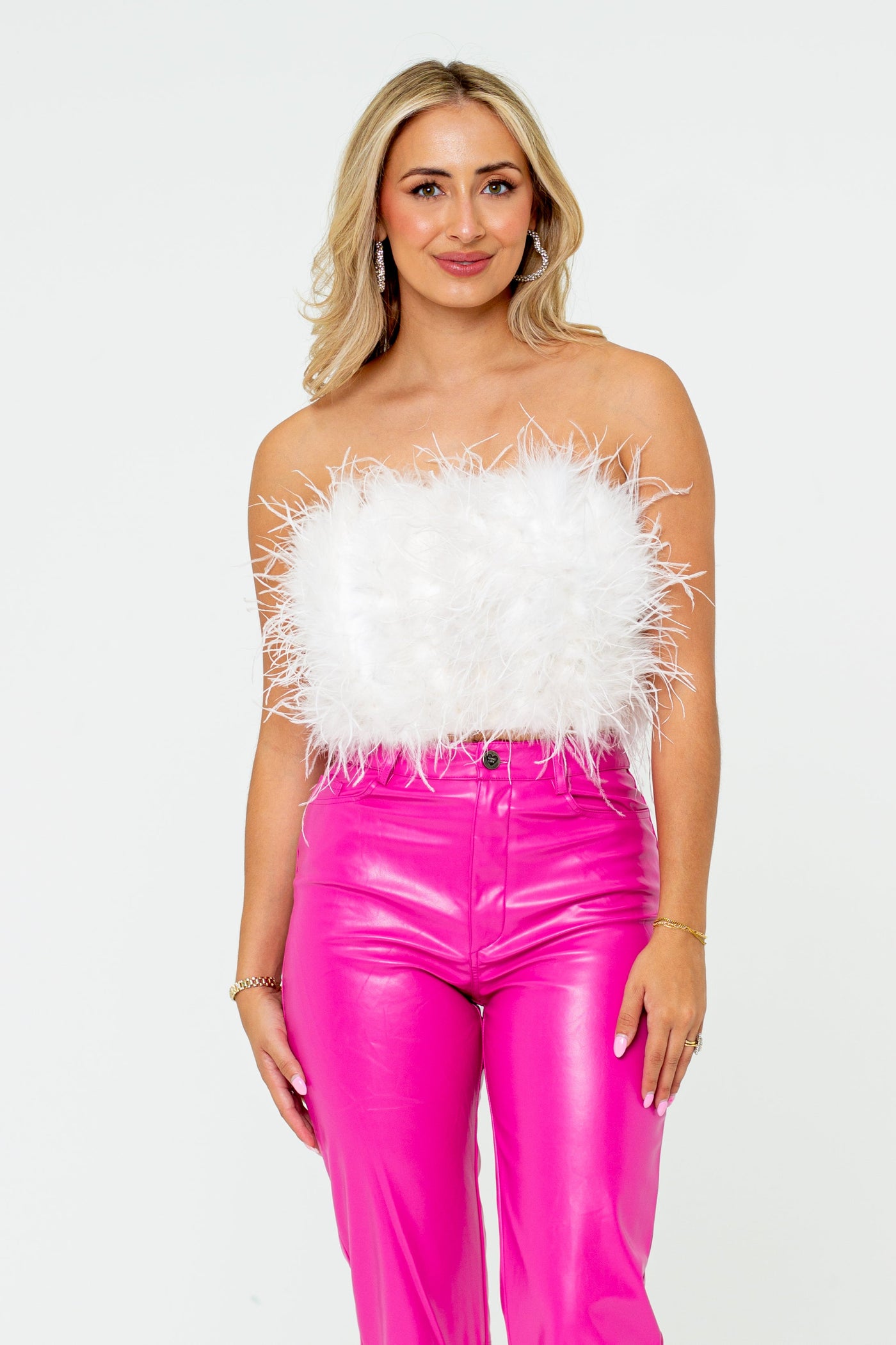 Fancy Strapless Feather Crop Top - White