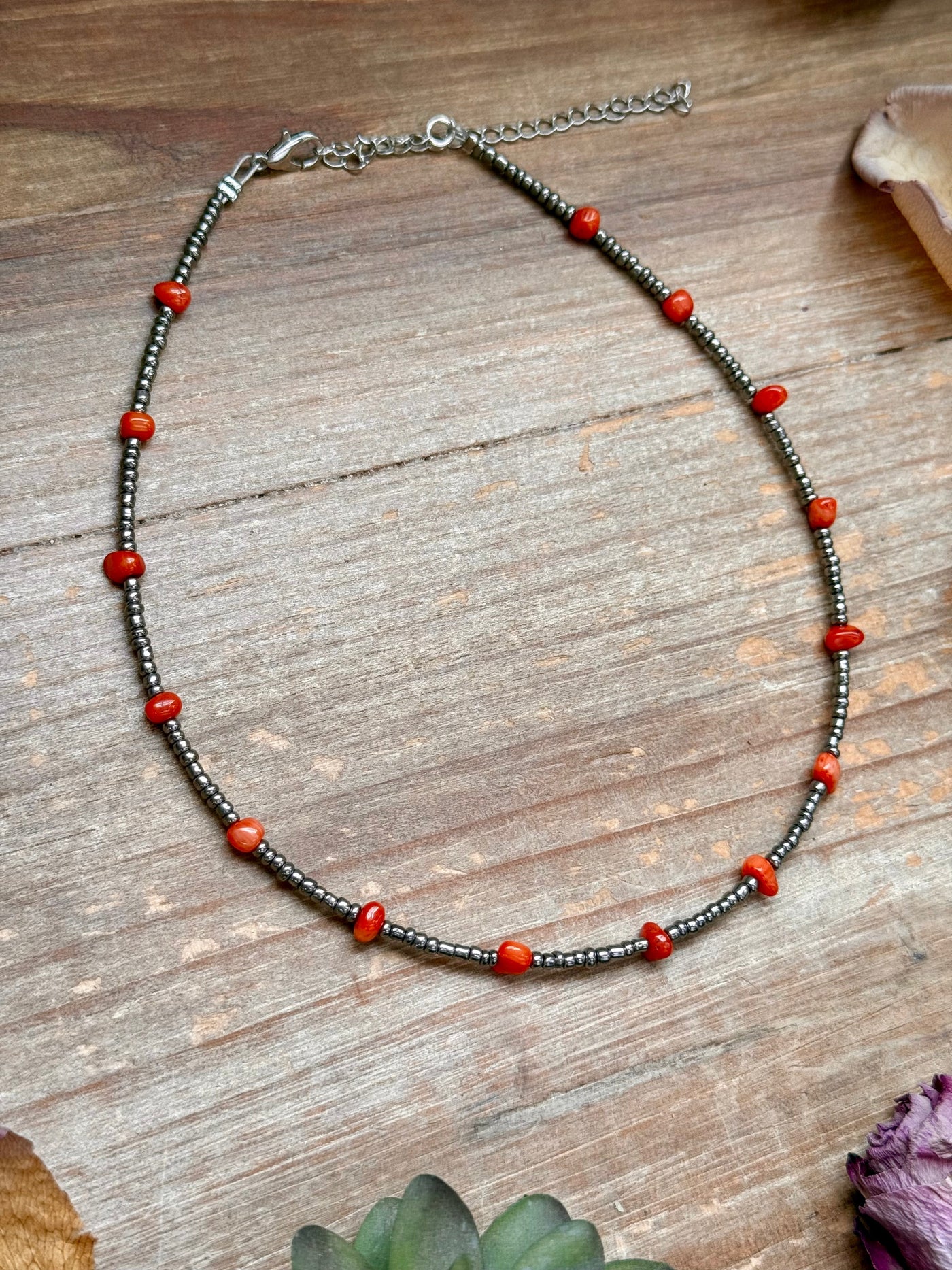 Antique Silver Seed Bead & Dyed Red Coral Choker – 14”