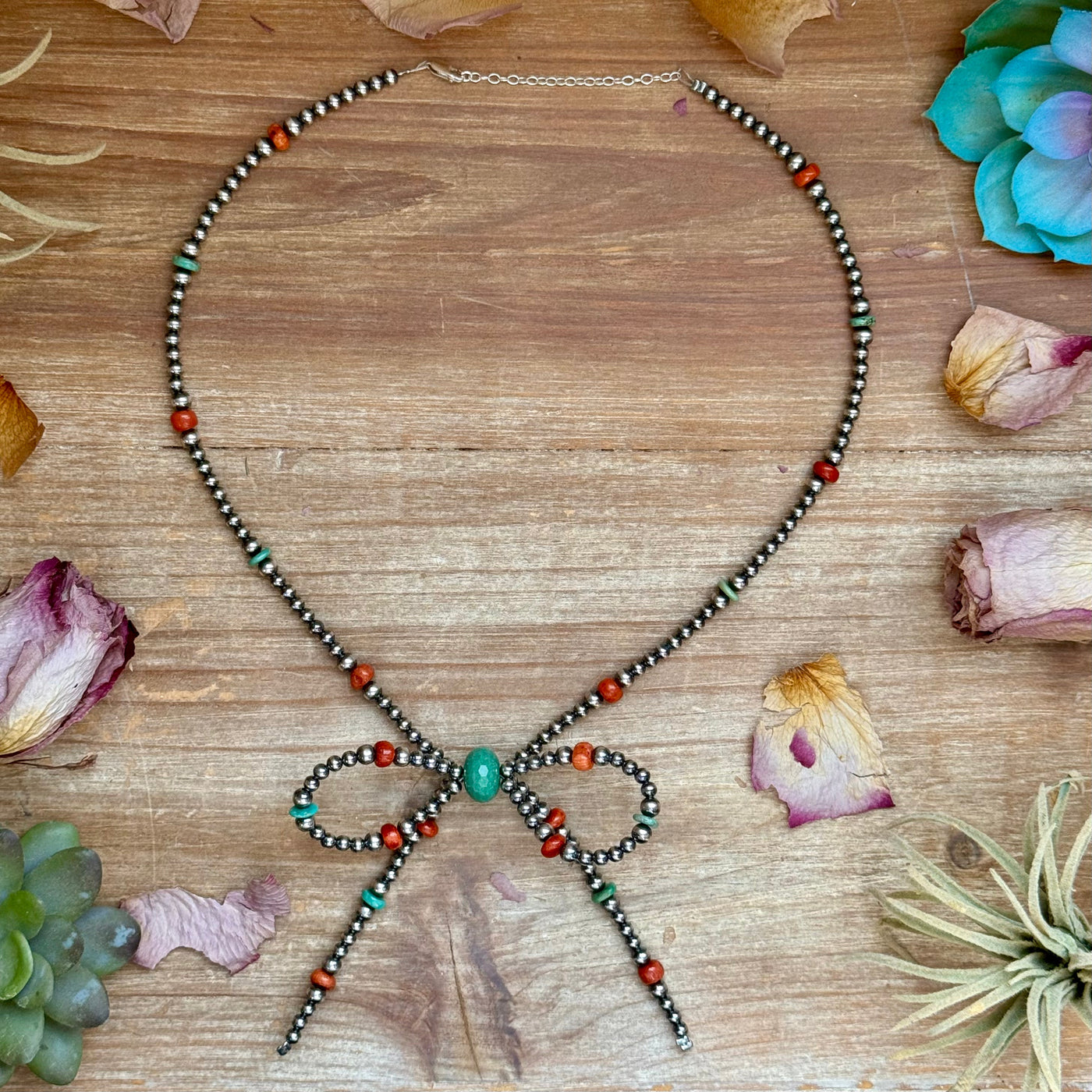 Sterling Silver Pearl “Bow” Necklace – 19” + 2” Extender – 4 mm & 5 mm Pearls with Turquoise & Dyed Coral