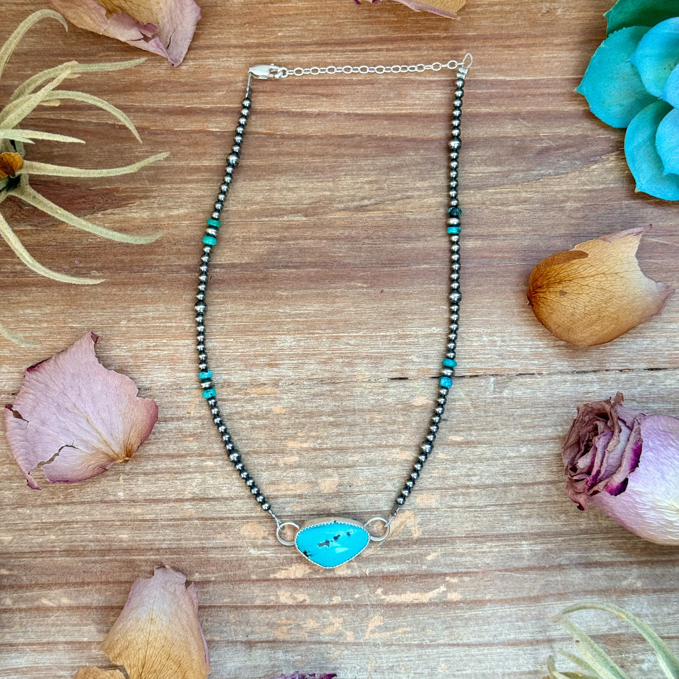 Sterling Silver Pearl & Turquoise Choker – 13” + 2” Extender – In-House Silversmithing – One of a Kind