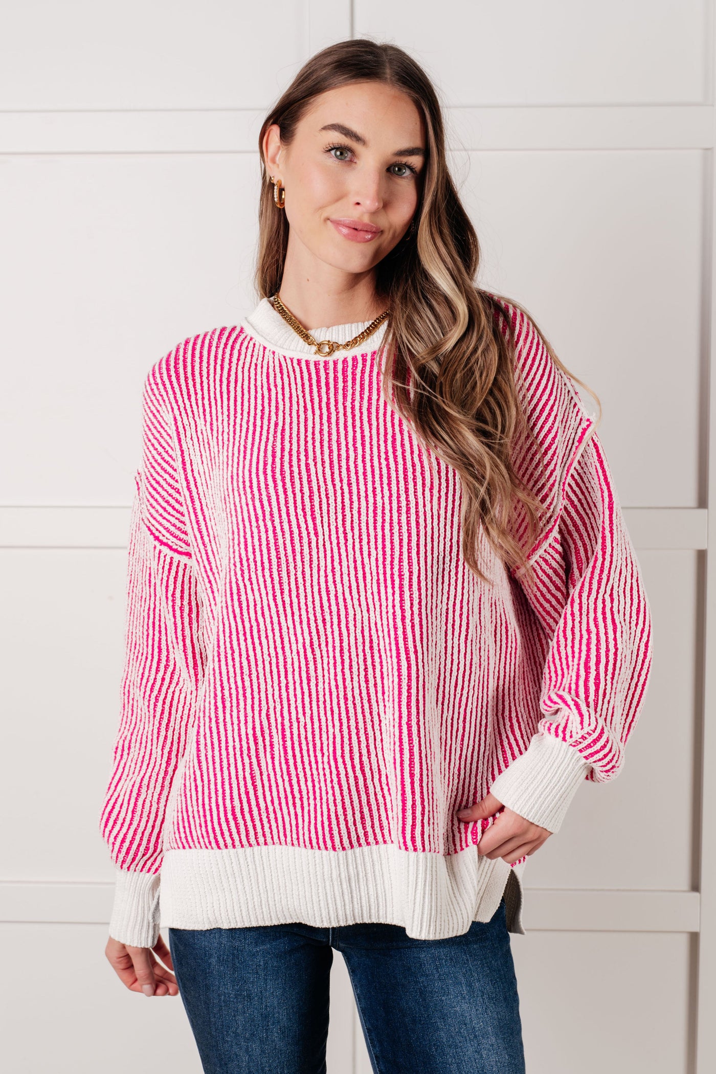 Least High Maintenance Contrast Trim Sweater in Pink