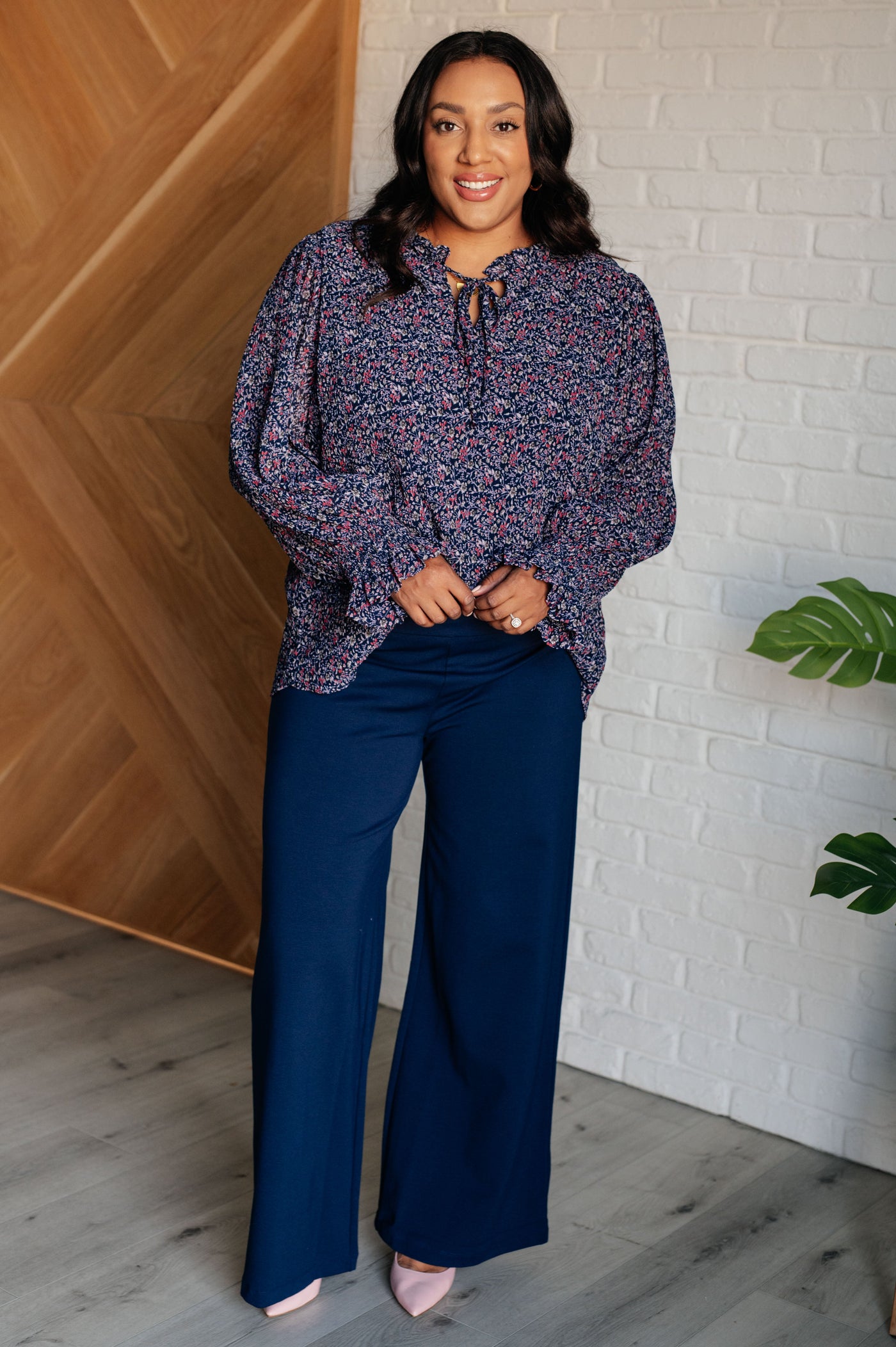 Lucid Dream Ruffle Neckline Blouse in Navy