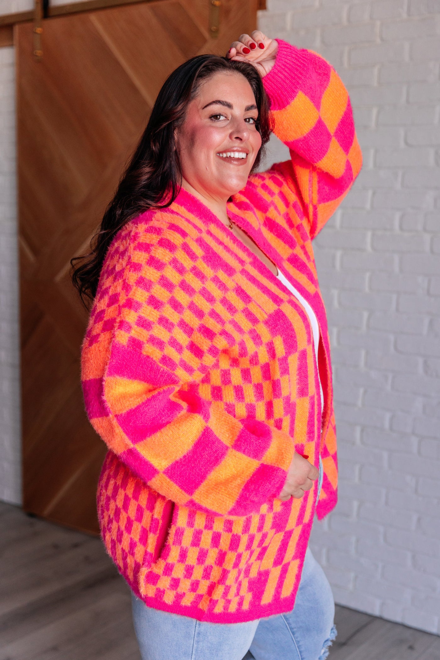 Noticed in Neon Checkered Cardigan in Pink and Orange