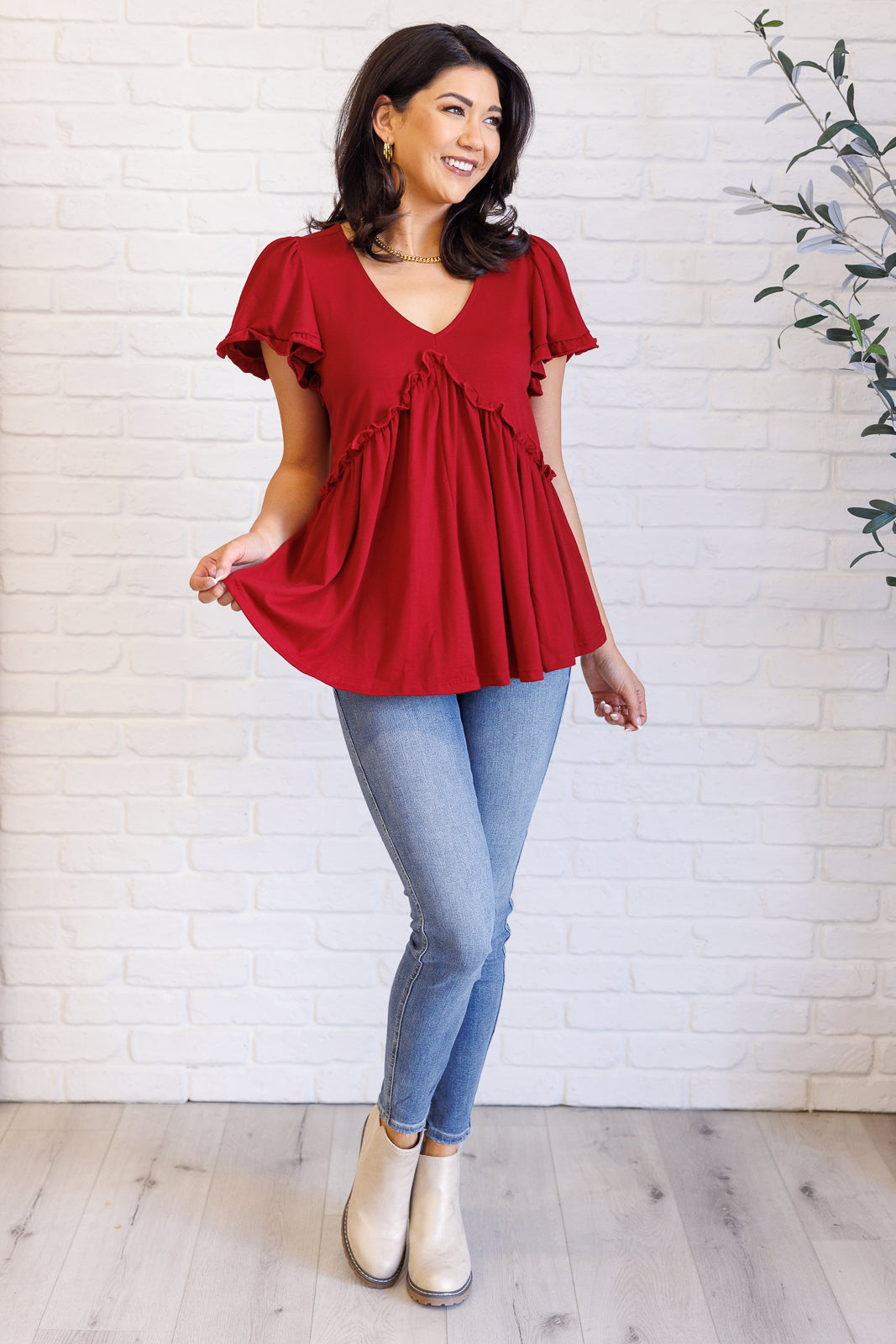 One Day Soon V-Neck Ruffle Detail Top