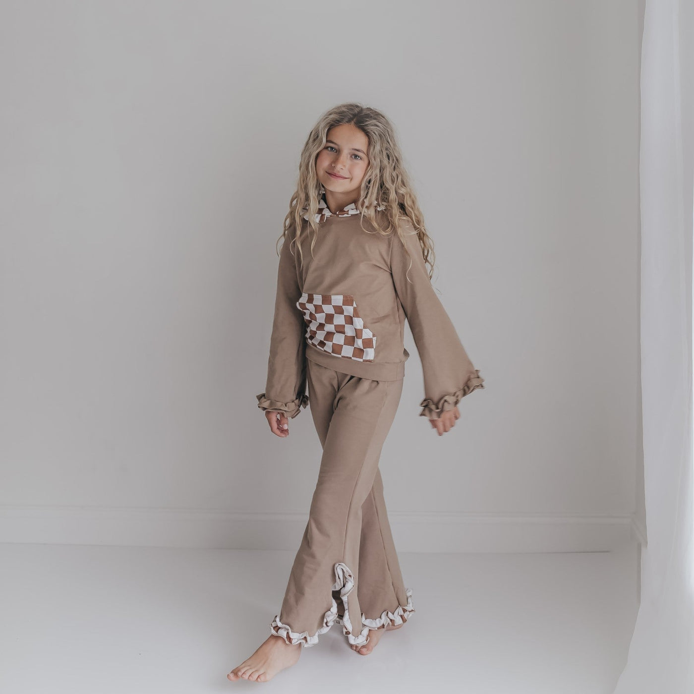 Tan Check Hooded Set