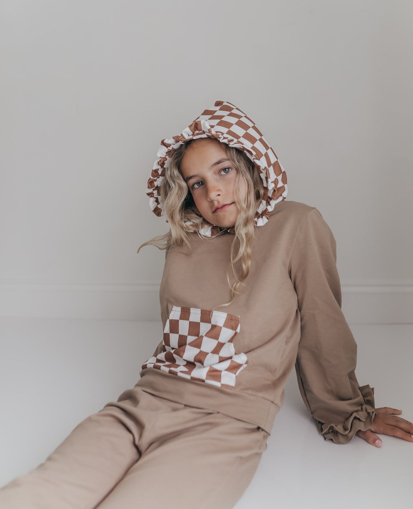 Tan Check Hooded Set