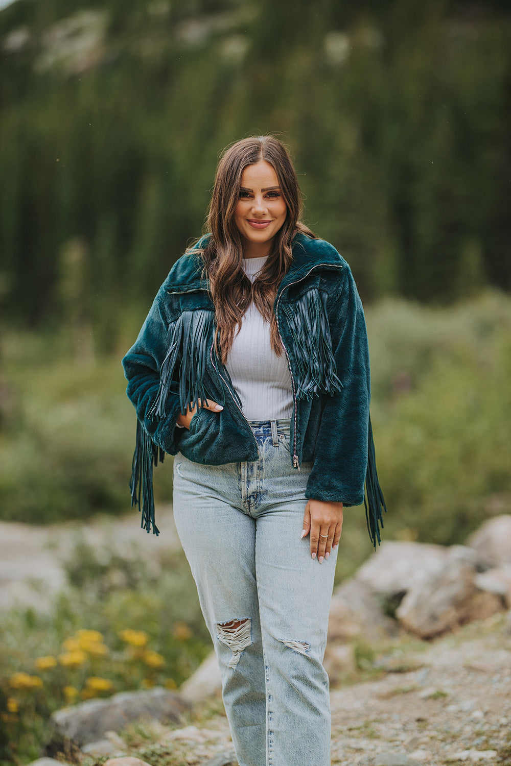 Skylar Fringe Faux Fur Jacket - Jade