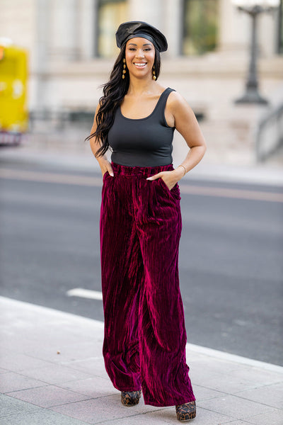 Sondra High-Waisted Velvet Pants - Cabernet