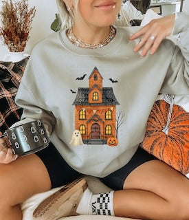 Orange Gable Ghost House "Haunted Homestead" Tee or Sweatshirt – Spooky Season Fall Graphic