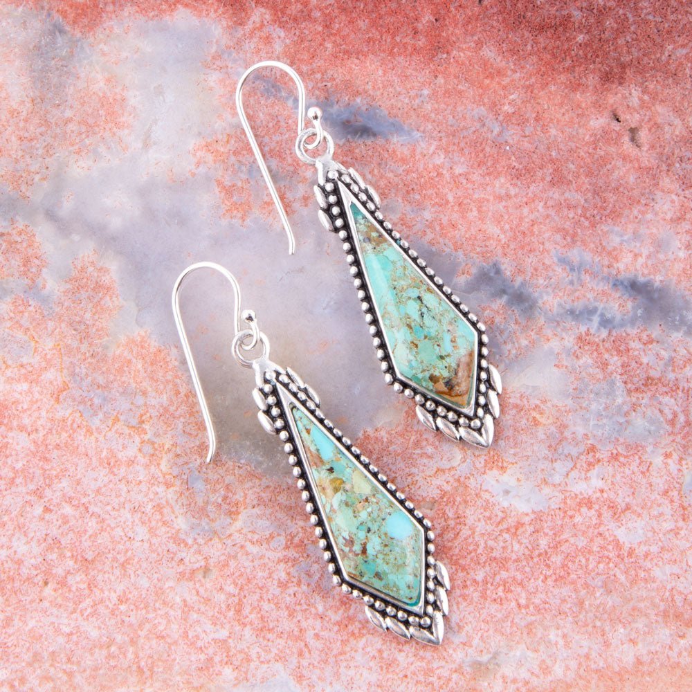 Anemone Long Diamond Genuine Turquoise and Sterling Silver Earrings