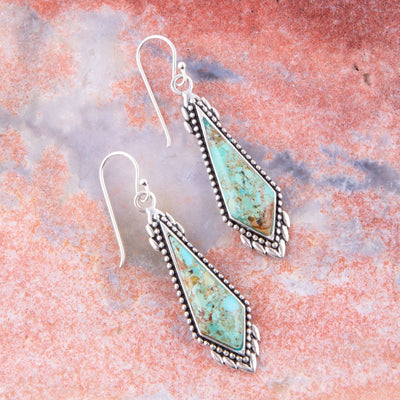 Anemone Long Diamond Genuine Turquoise and Sterling Silver Earrings