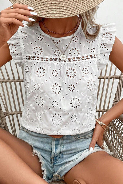 Eyelet Round Neck Cap Sleeve Blouse