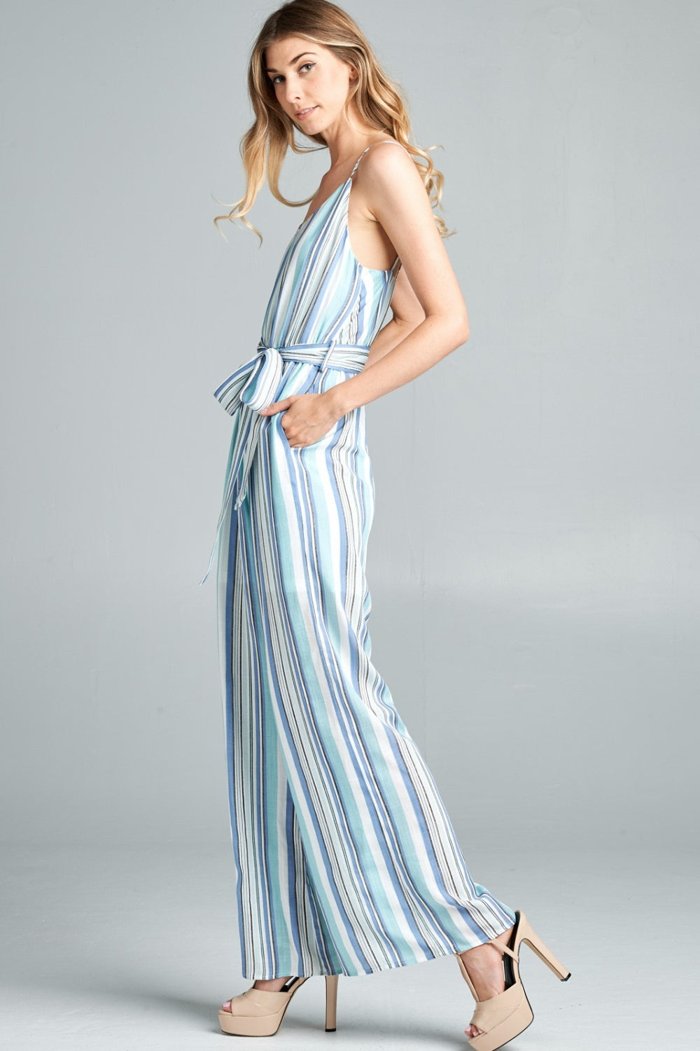 Cotton Bleu by Nu Label Tie Front Striped Sleeveless Jumpsuit